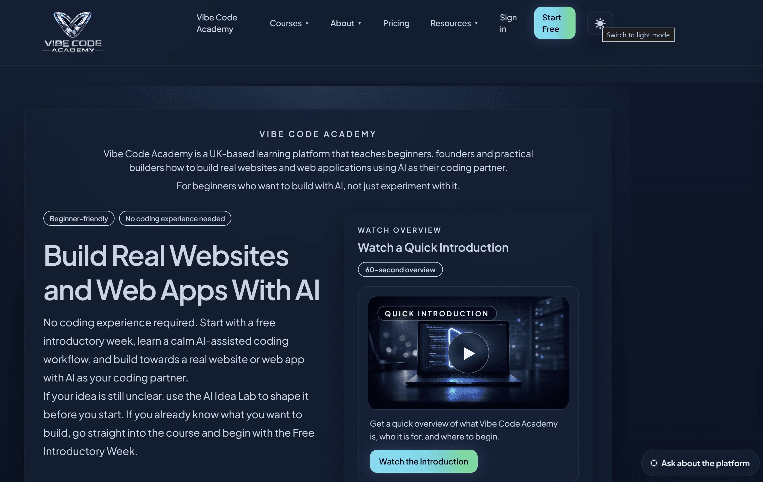 Vibe Code Academy learning platform screen